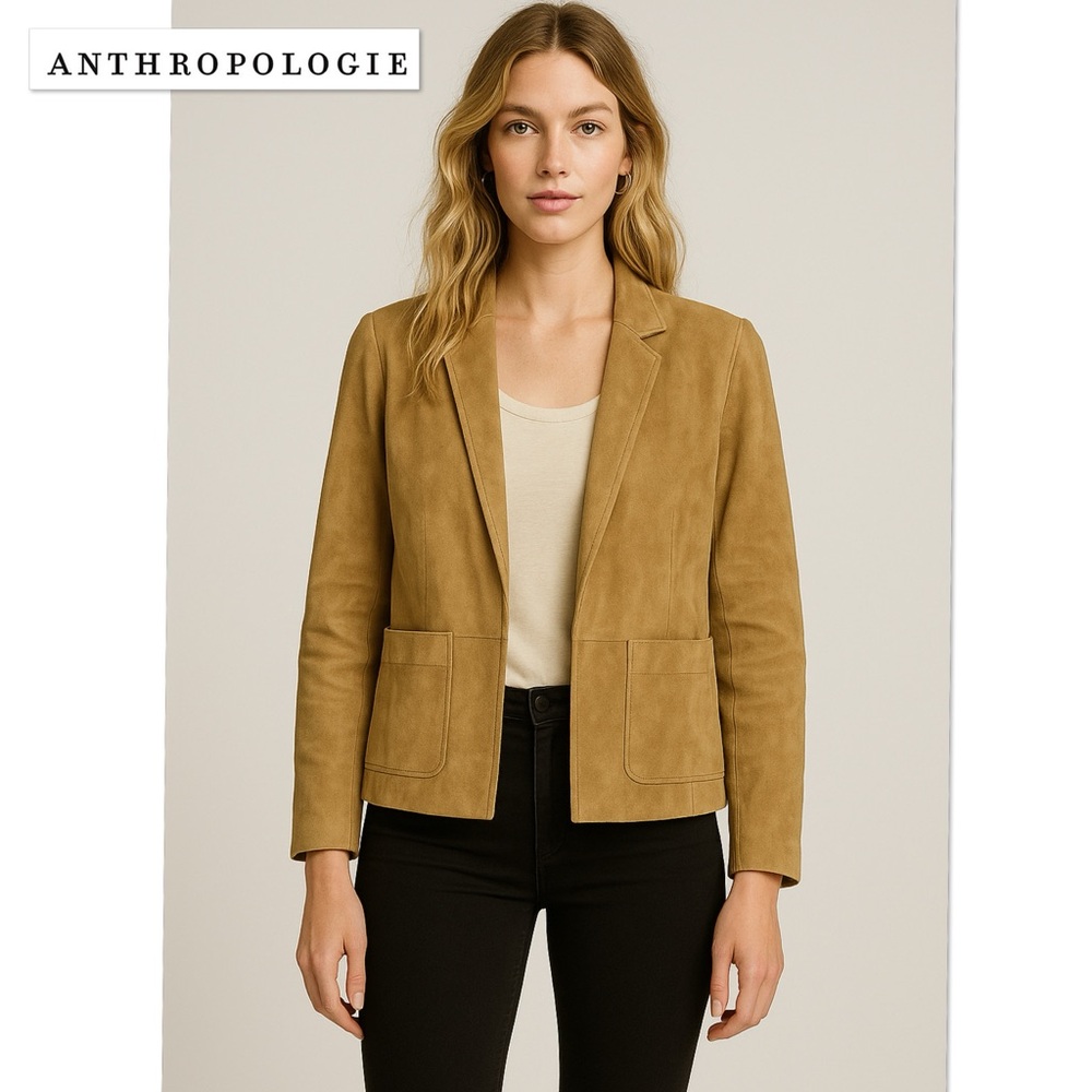 Anthropologie Jackett…etc. Genuine Suede Leather Open Front Jacket Blazer Boho M